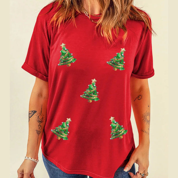 Sequin Christmas Tree Round Neck Short Sleeve T-Shirt