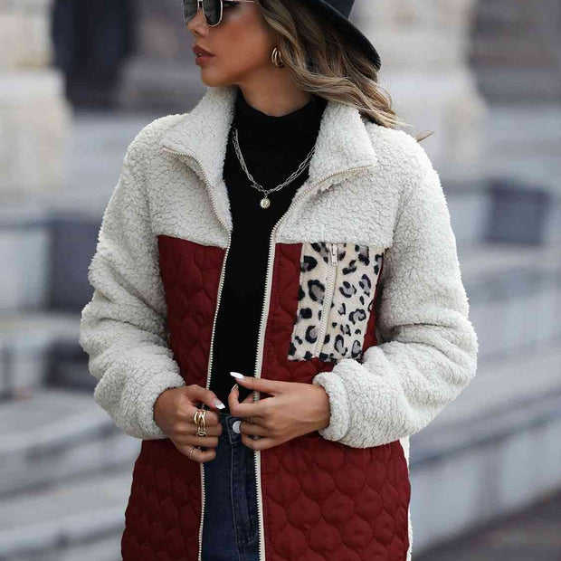 Women Leopard Color Block Zip-Up Jacket