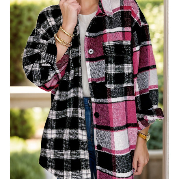 Women Pocketed Plaid Collared Neck Long Sleeve Shacket