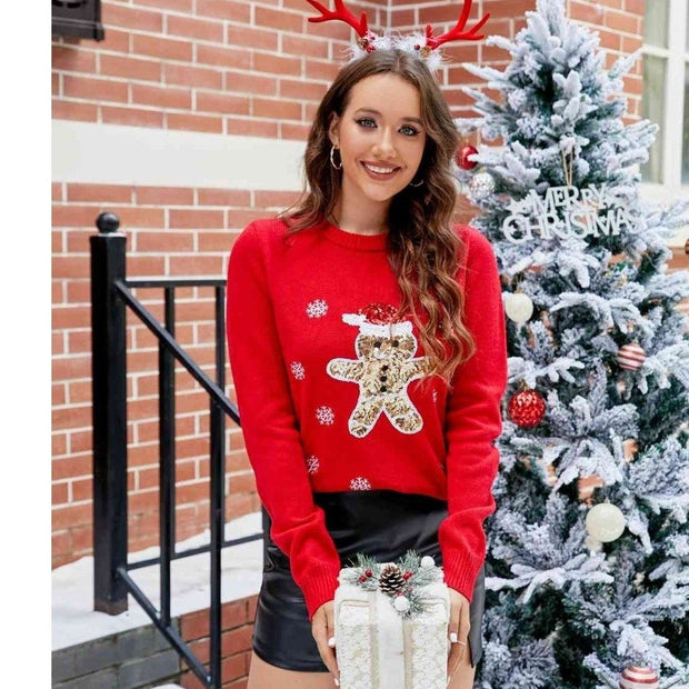 Women Sequin Reindeer Graphic Round Neck Christmas Sweater