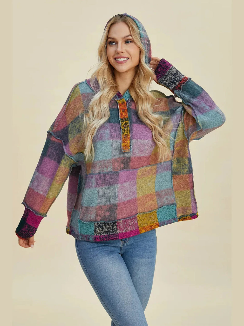 Double Take Full Size Plaid Dropped Shoulder Fleece Hoodie