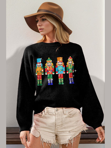 Double Take Full Size Sequin Nutcracker Long Sleeve Sweater