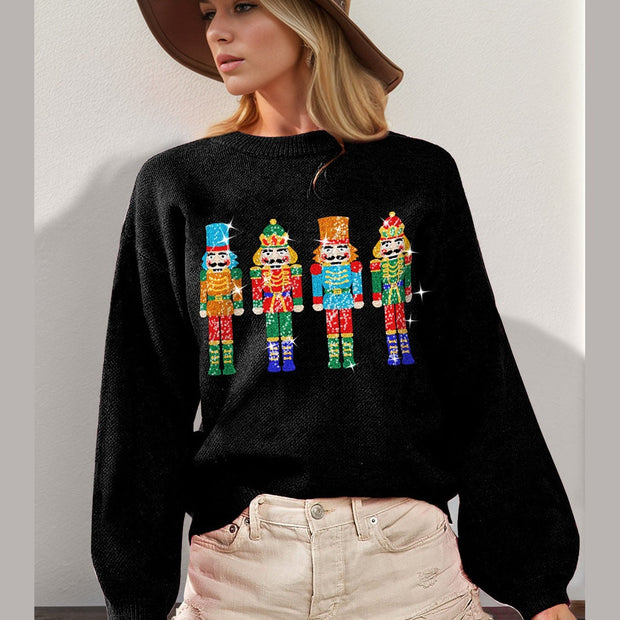 Double Take Full Size Sequin Nutcracker Long Sleeve Sweater