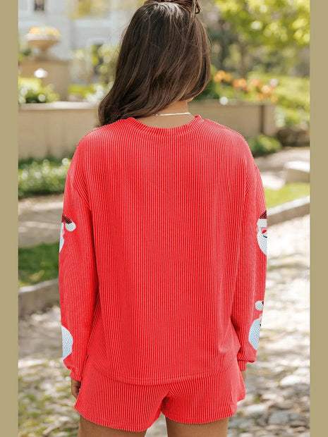 Sequin Santa Round Neck Long Sleeve Top and Shorts Set