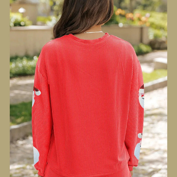 Sequin Santa Round Neck Long Sleeve Top and Shorts Set