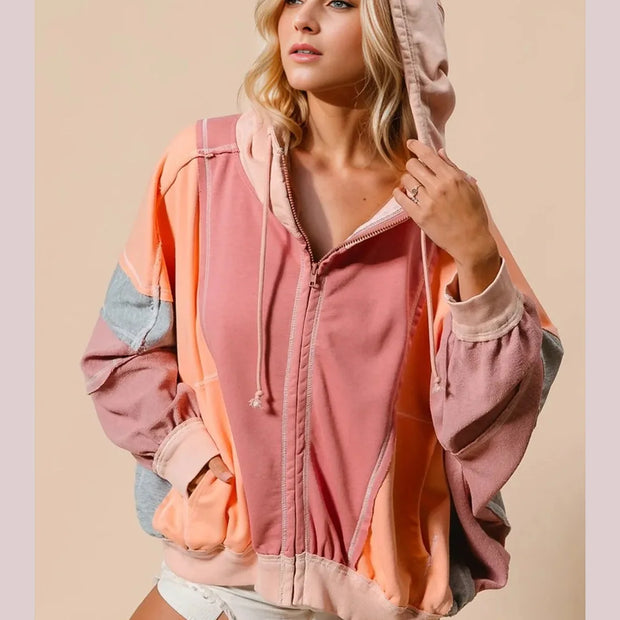 Double Take Full Size Color Block Zip Up Hoodie