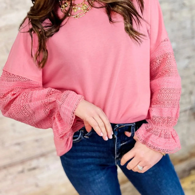Lace Detail Flounce Sleeve Sweatshirt