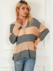 Striped Buttoned Dropped Shoulder Slit Sweater
