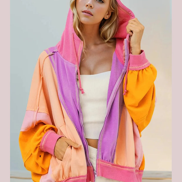 Double Take Full Size Color Block Zip Up Hoodie