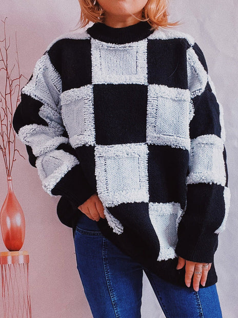 Checkered Round Neck Long Sleeve Sweater