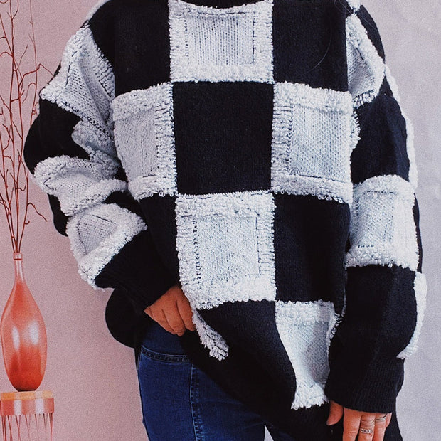 Checkered Round Neck Long Sleeve Sweater