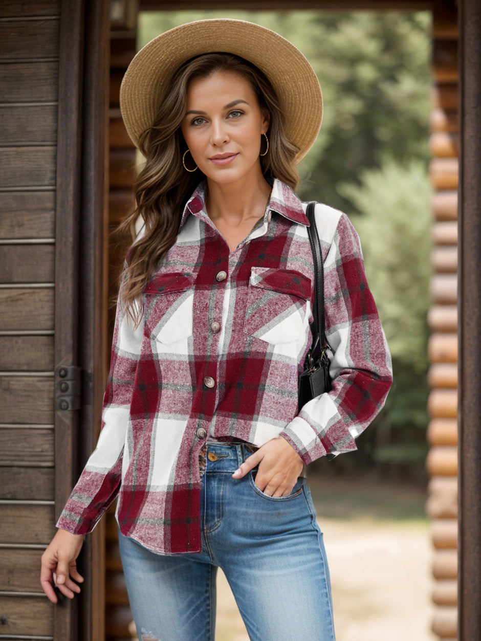 Women Full Size Pocketed Plaid Collared Neck Shacket