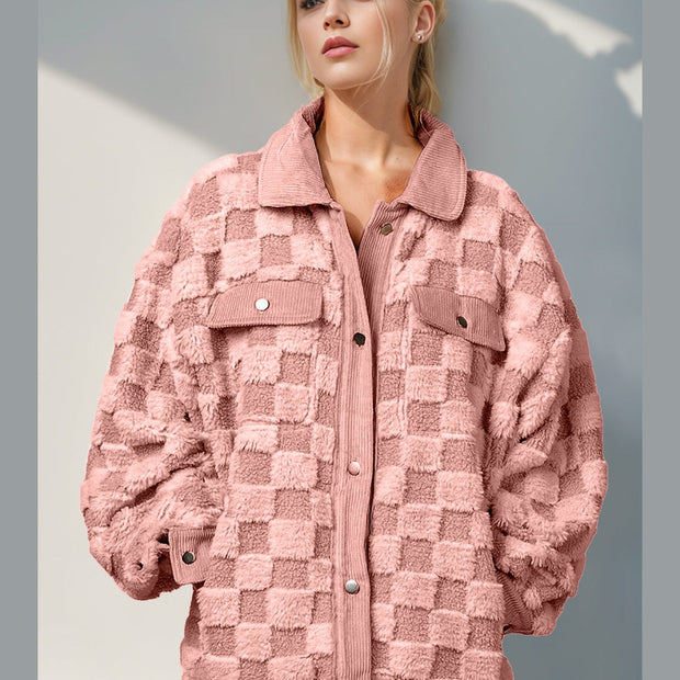 Women Women Double Take Button Up Fuzzy Checkered Shacket