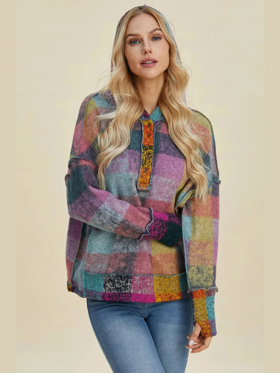 Double Take Full Size Plaid Dropped Shoulder Fleece Hoodie