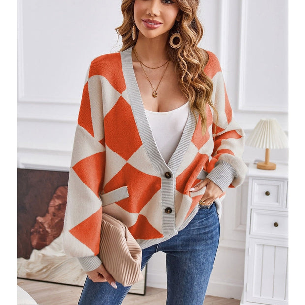 Women Geometric Lantern Sleeve Cardigan with Pockets