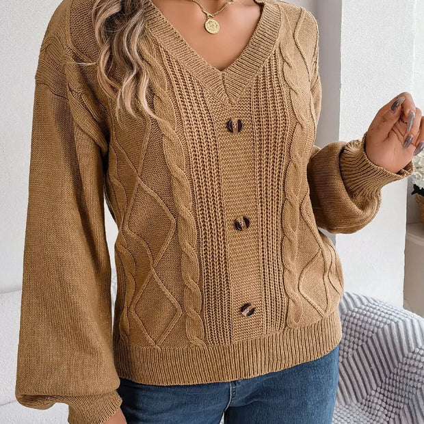 Cable-Knit Buttoned V-Neck Sweater