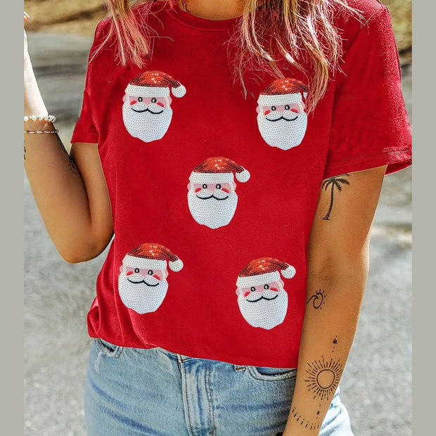 Women Sequin Santa Round Neck Short Sleeve T-Shirt