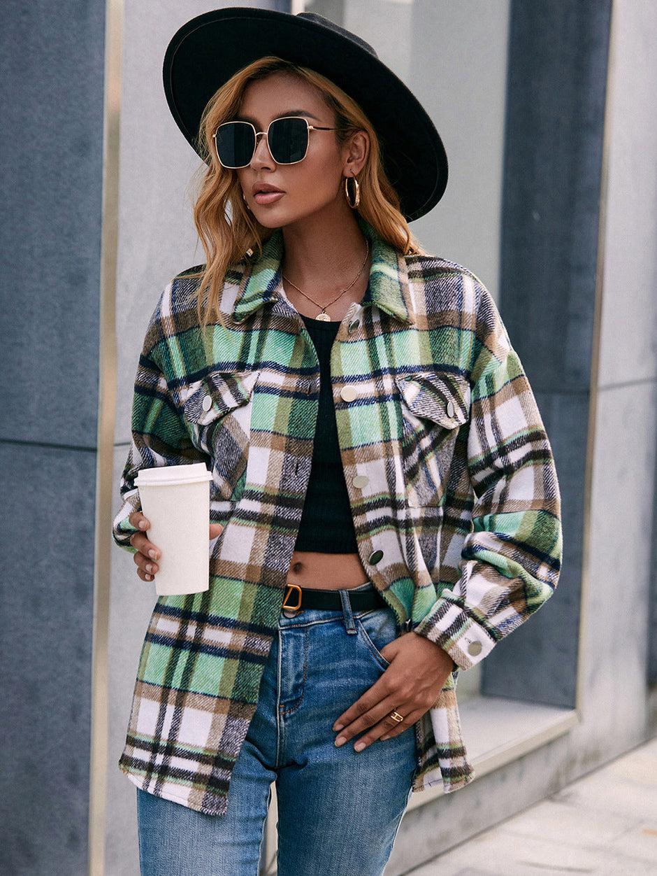 Women Ivy Lane Meet You Outside Plaid Button Down Curved Hem Shacket