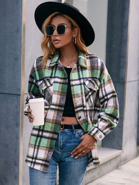 Women Ivy Lane Meet You Outside Plaid Button Down Curved Hem Shacket