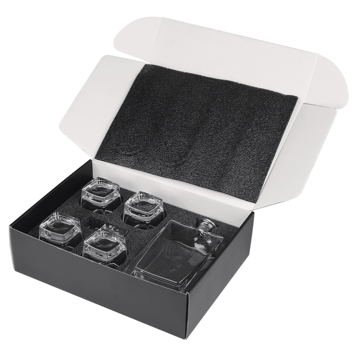 810ml Custom Glass Decanter Gift Set with Four 8oz Glasses – Black Presentation Box with Printed Sleeve - Custom Crafting Alliance, LLC