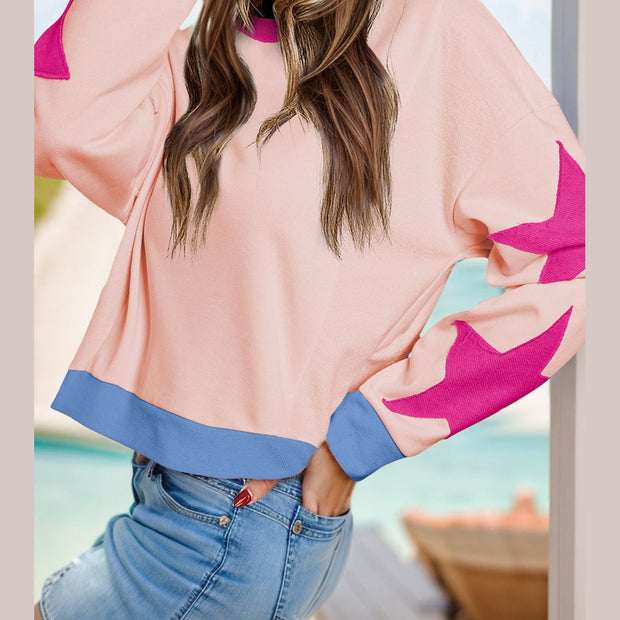 Women Star Contrast Round Neck Long Sleeve Sweatshirt
