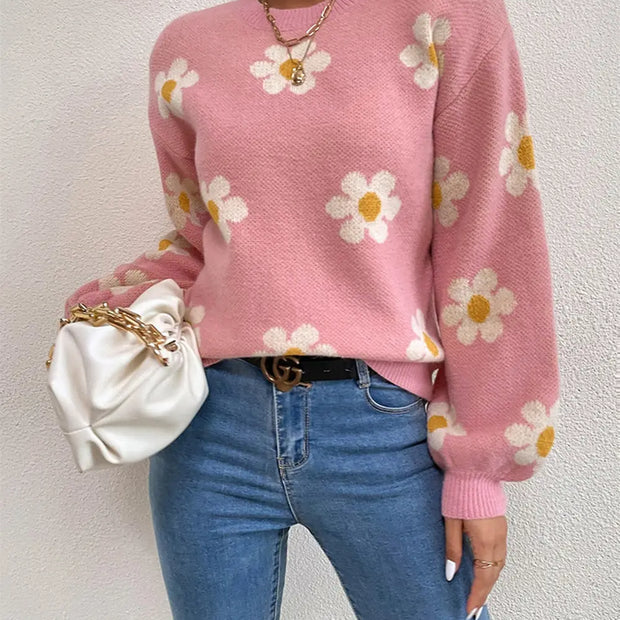 Flower Round Neck Latern Sleeve Sweater