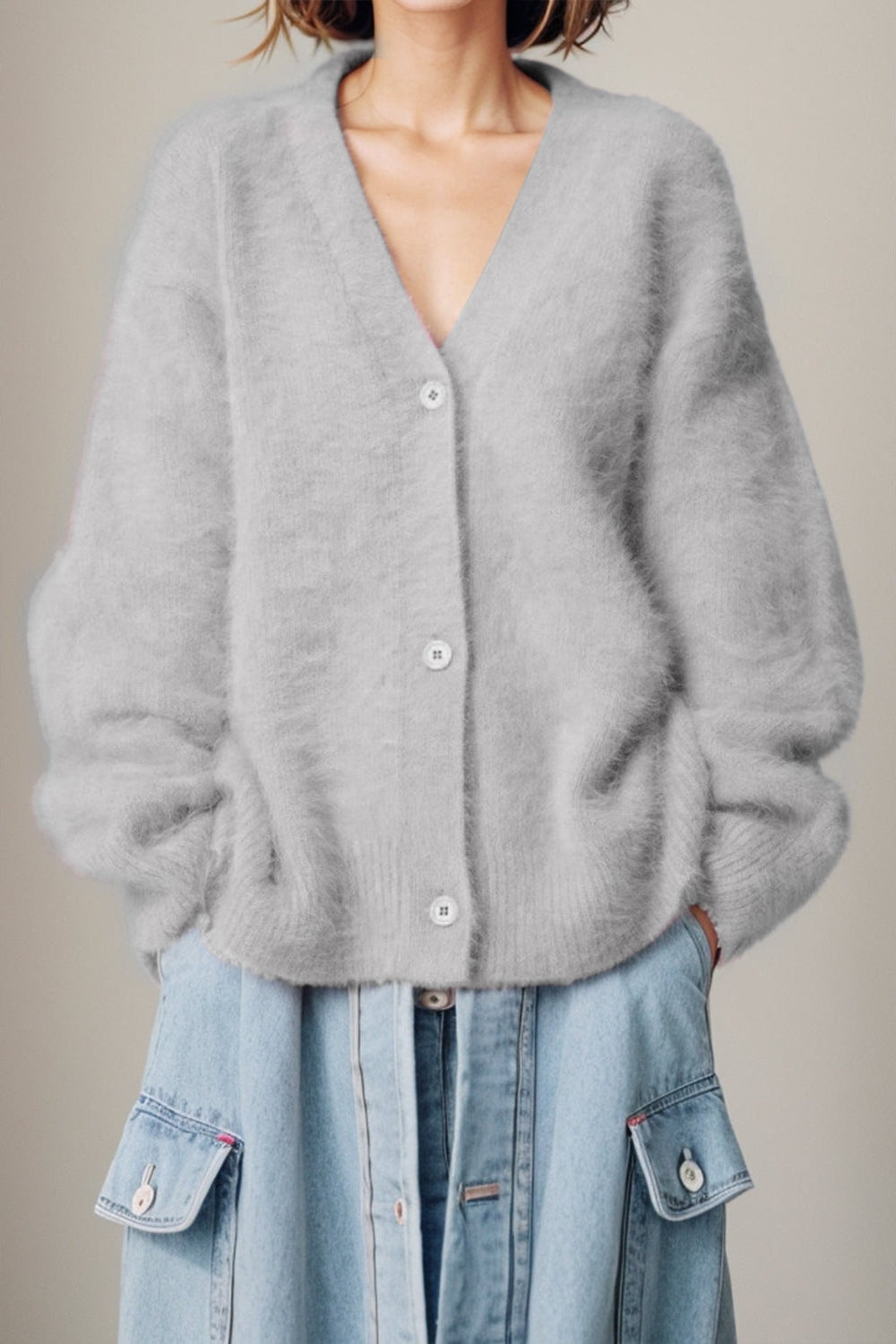 Women Button Up Dropped Shoulder Cardigan Sweaters