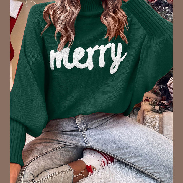 Double Take Full Size Merry Christmas Turtleneck Long Sleeve Sweater