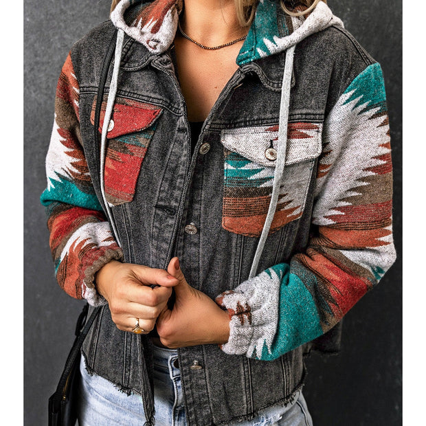 Women Drawstring Hooded Pocketed Denim Jacket