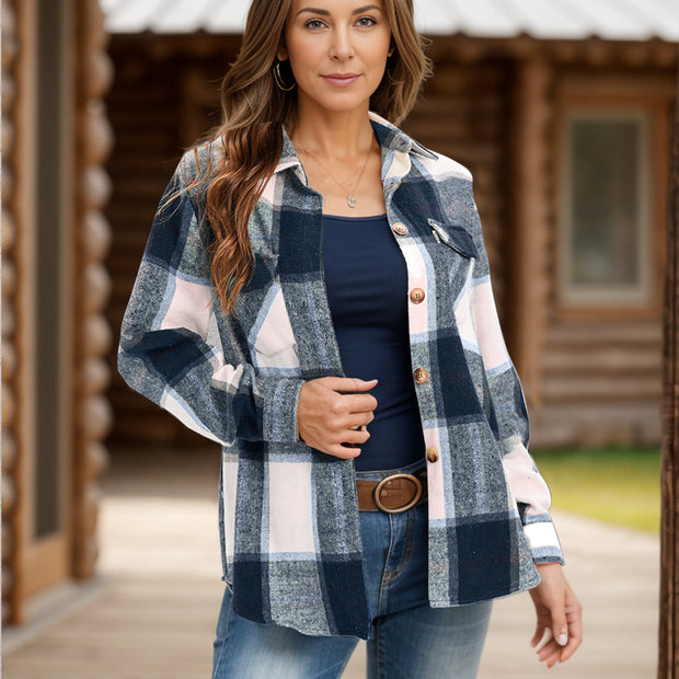 Women Full Size Pocketed Plaid Collared Neck Shacket
