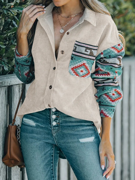 Women Perfee Pocketed Geometric Collared Neck Shacket