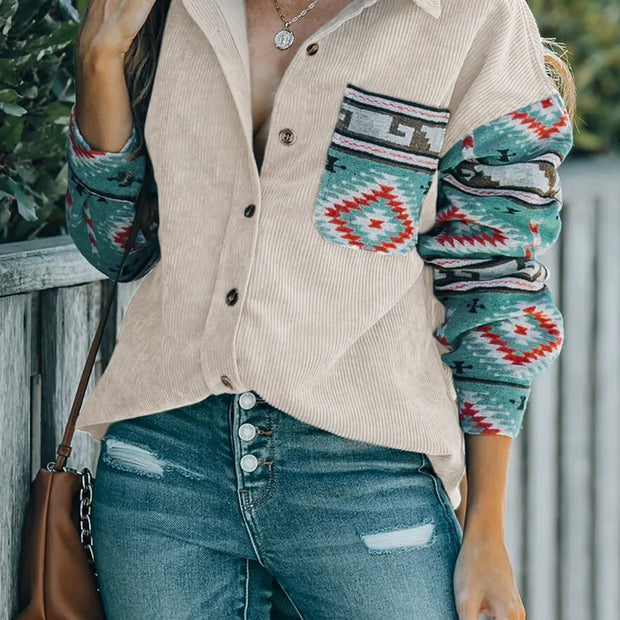 Women Perfee Pocketed Geometric Collared Neck Shacket