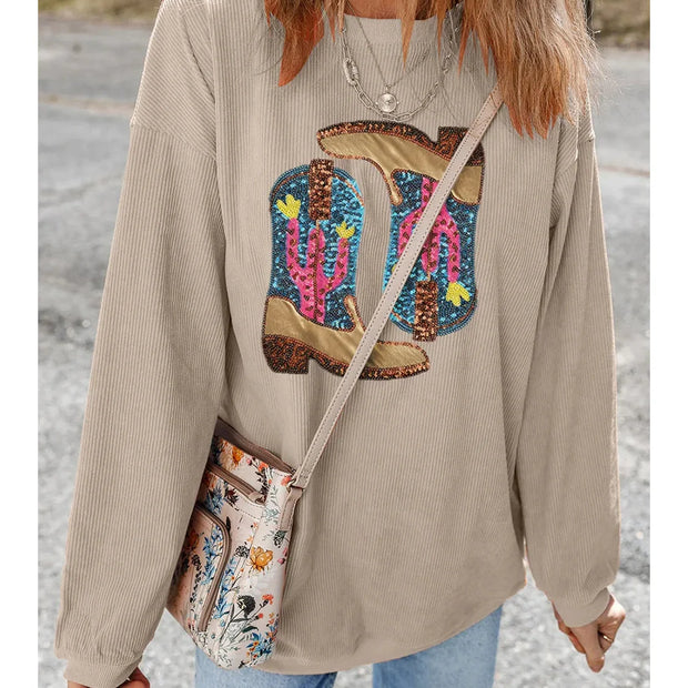 Women Full Size Sequin Boots Round Neck Long Sleeve Sweatshirt
