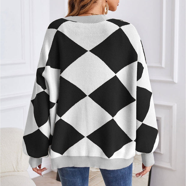 Women Geometric Lantern Sleeve Cardigan with Pockets