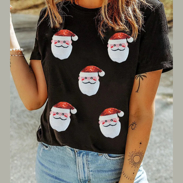 Women Sequin Santa Round Neck Short Sleeve T-Shirt