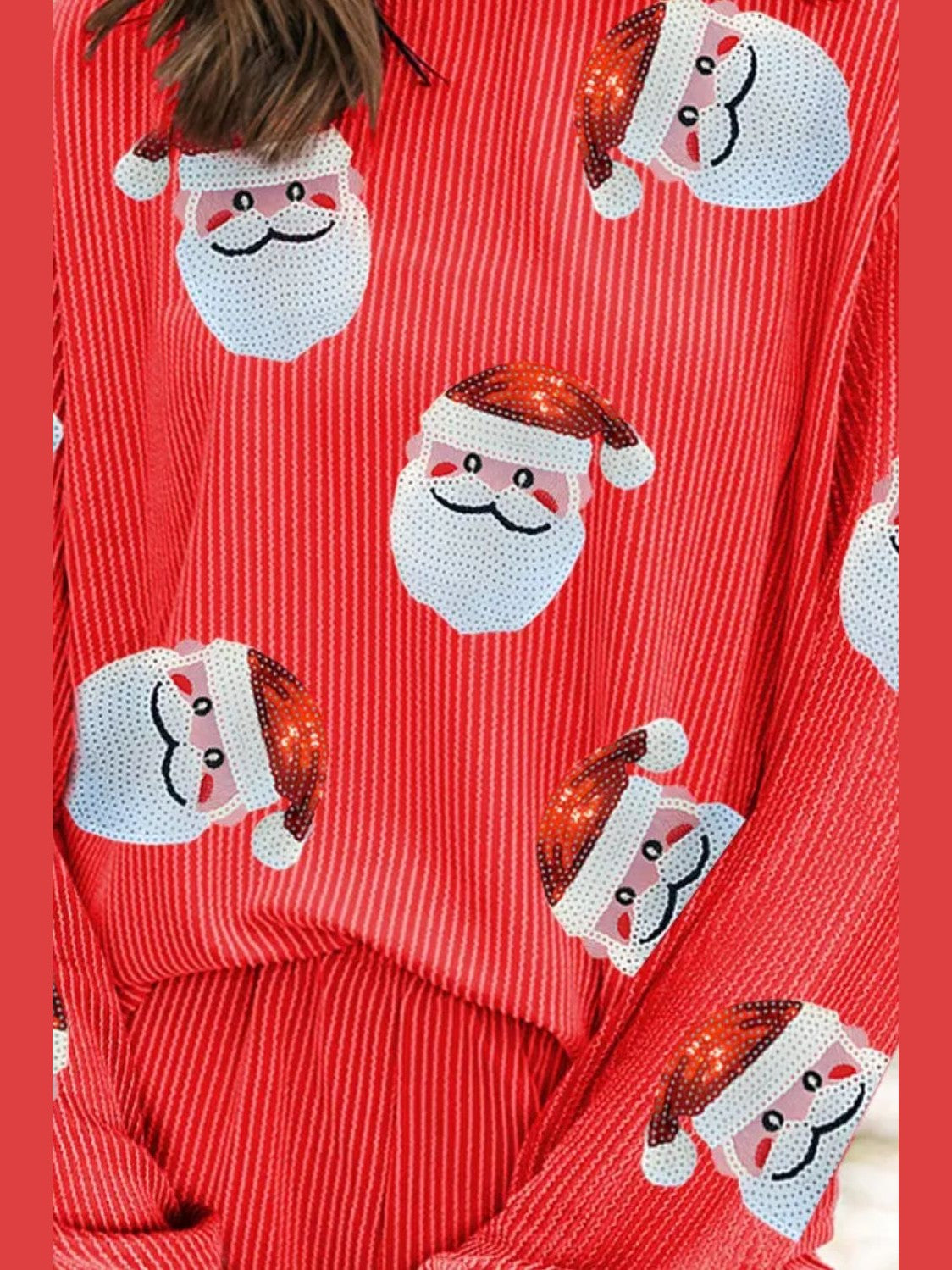 Sequin Santa Round Neck Long Sleeve Top and Shorts Set