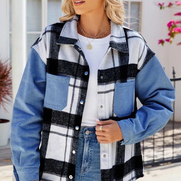 Pocketed Plaid Snap Down Denim Jacket