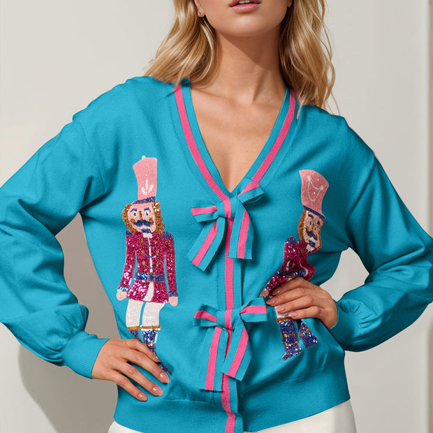 Women Double Take Full Size Nutcracker Sequin Bow Decor Christmas