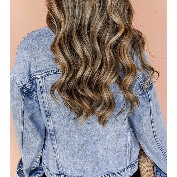 Pocketed Button Up Dropped Shoulder Denim Jacket