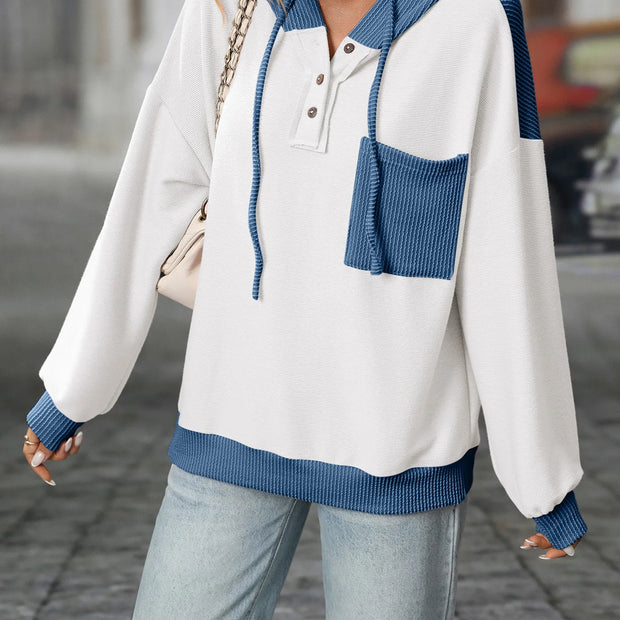 Drawstring Button Detail Long Sleeve Hoodie