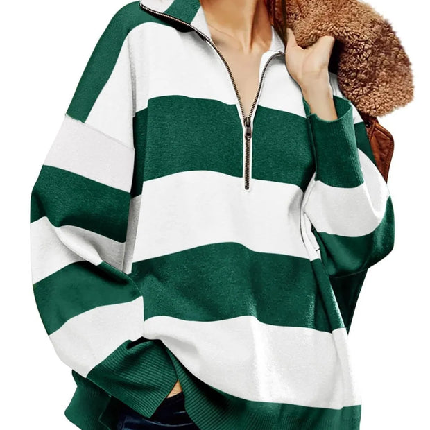 Striped Half-Zip Oversized Sweatshirt