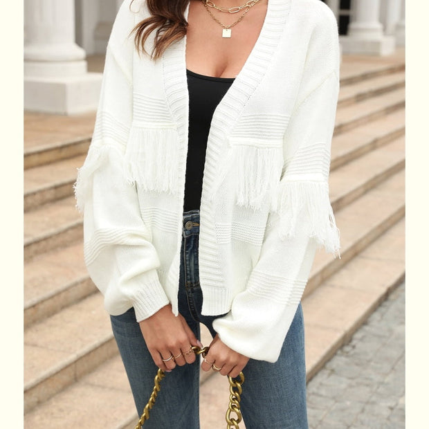 Women Double Take Fringe Trim Open Front Cardigan Sweater