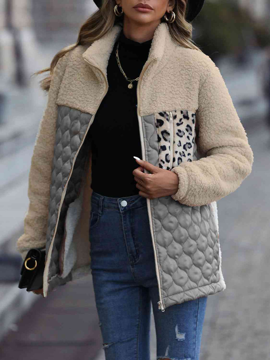 Women Leopard Color Block Zip-Up Jacket