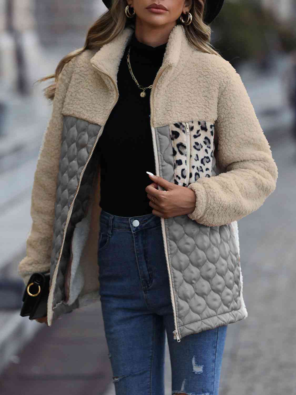 Women Leopard Color Block Zip-Up Jacket