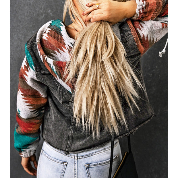 Women Drawstring Hooded Pocketed Denim Jacket