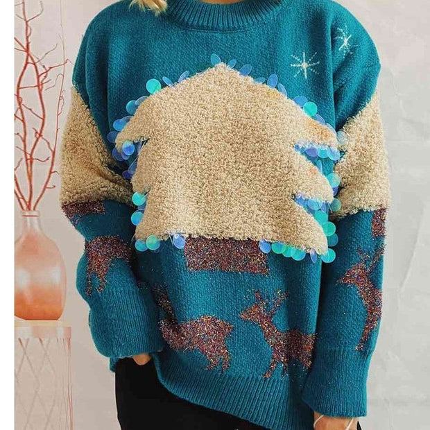 Women Sequin Christmas Tree & Reindeer Round Neck Sweater