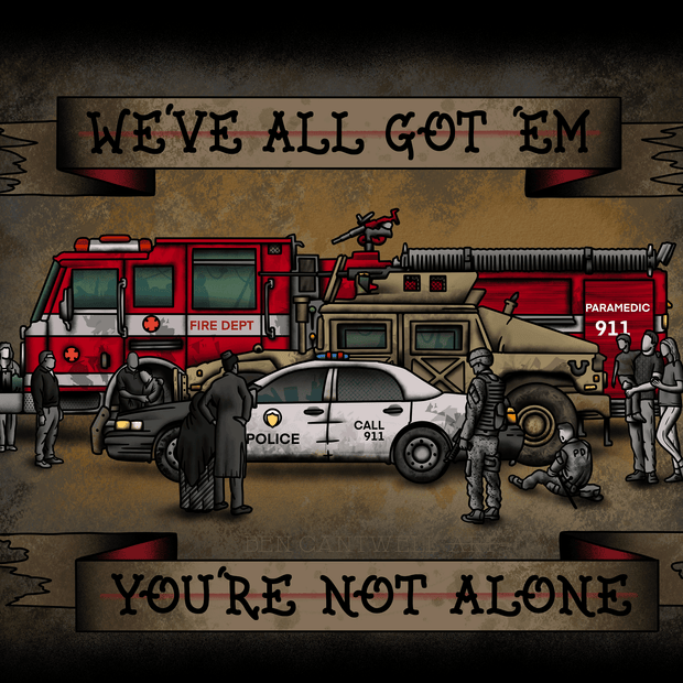 Ptsd ghosts with police car, Humvee and fire engine
