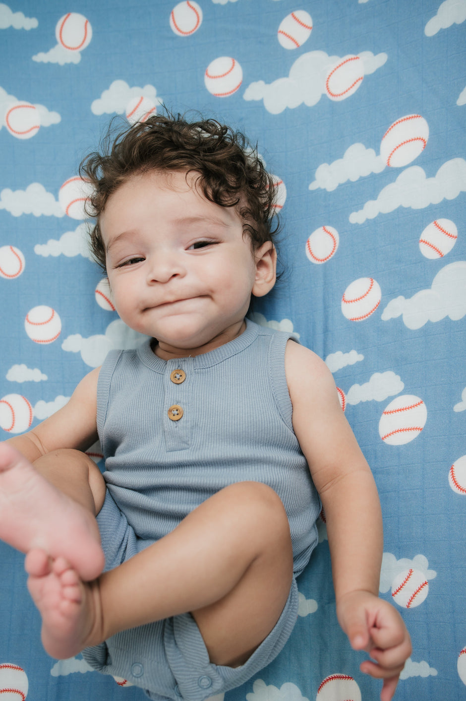 Organic Bamboo Cotton Muslin Crib Sheet in Baseballs in the Sky