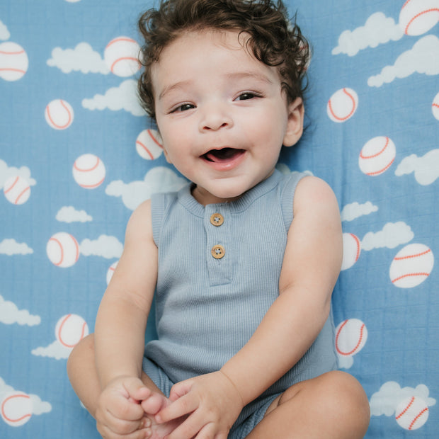 Organic Bamboo Cotton Muslin Crib Sheet in Baseballs in the Sky