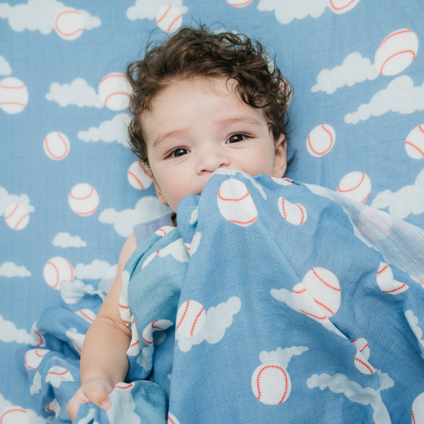 Organic Bamboo Cotton Muslin Swaddle Blanket in Baseballs in the Sky